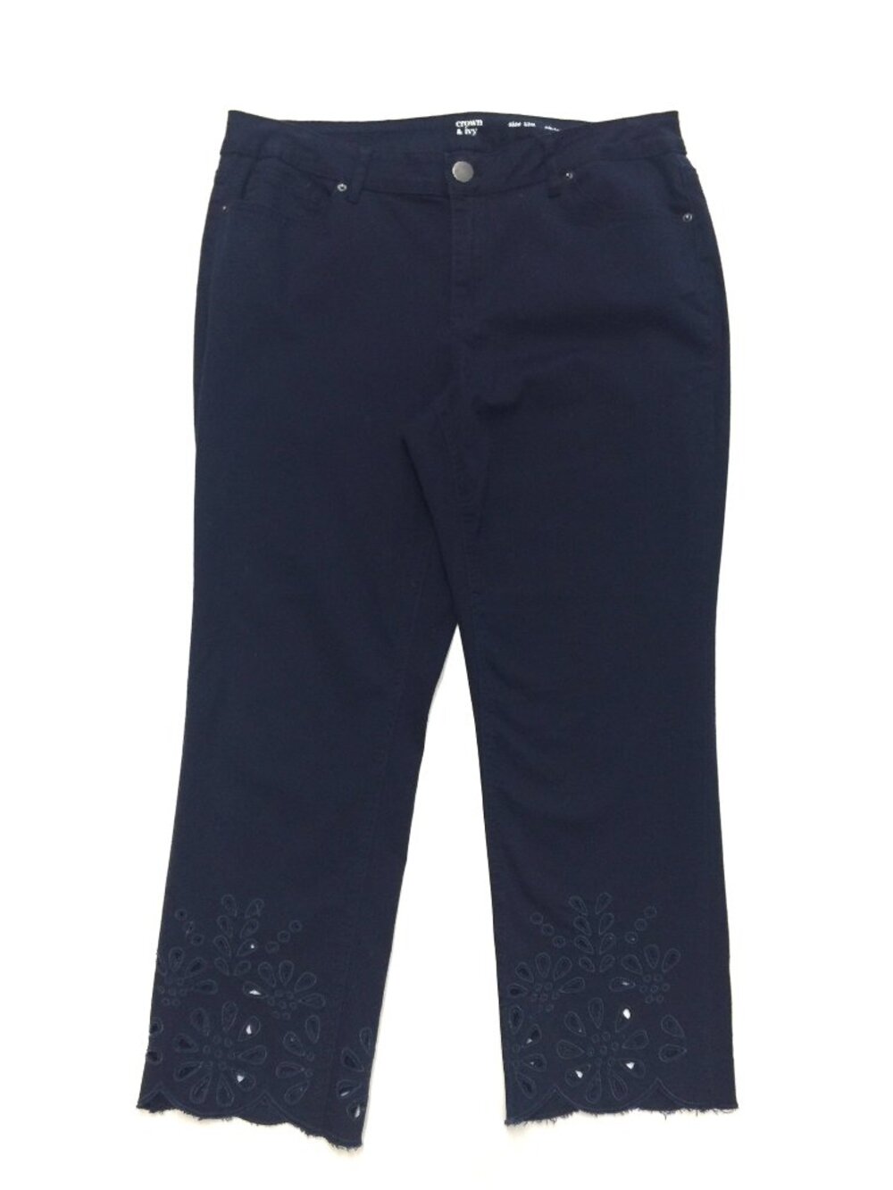 NEW Crown & Ivy Navy Blue Skinny Capri with eyelet cuff, size 12
